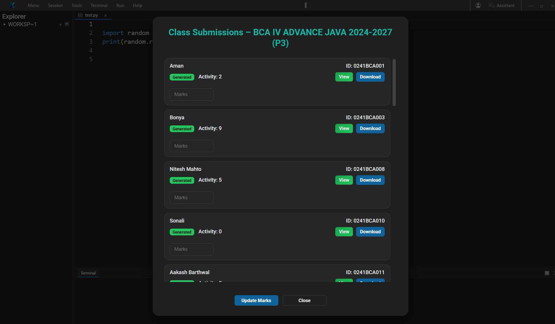 Class Submissions View