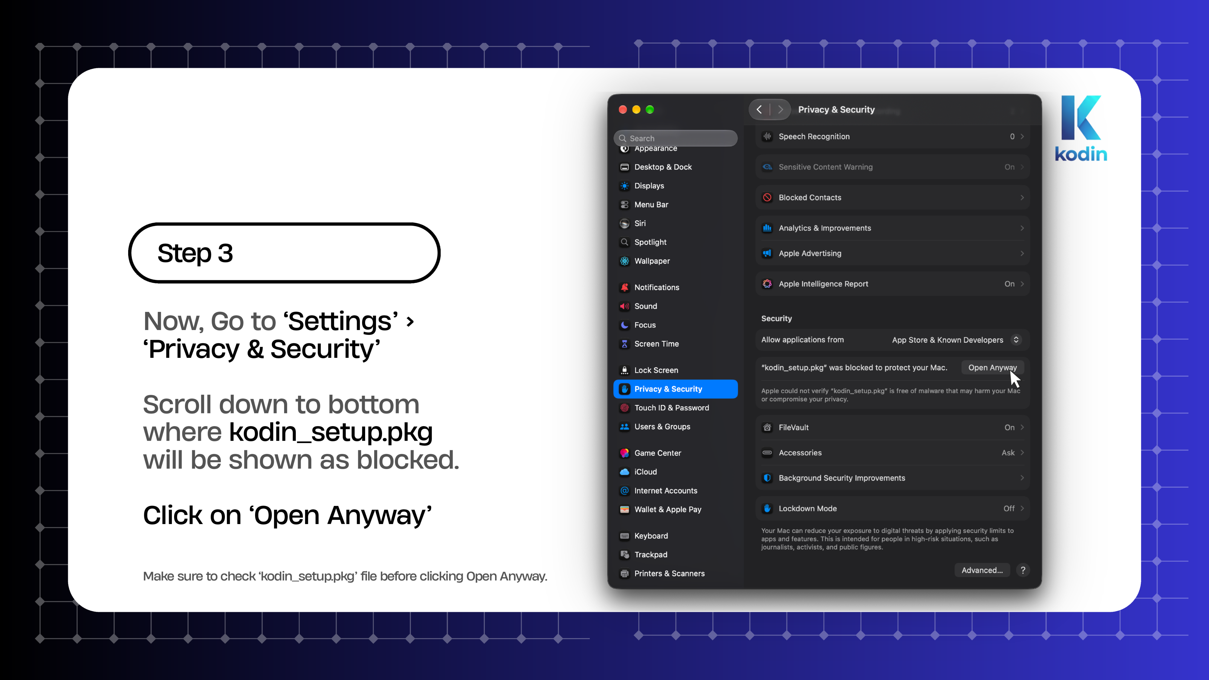 macOS Installation Guide Page 4 - Step 3 Open Anyway in Settings